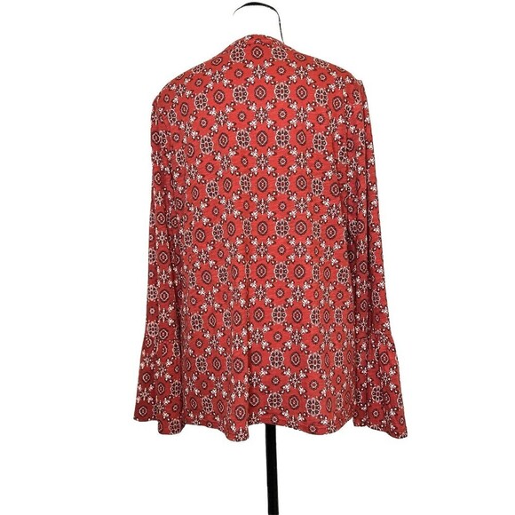 Lucky Brand Boho Bell Sleeve Top Rust Geometric Pattern V-neck Blouse Women Med - Picture 2 of 9